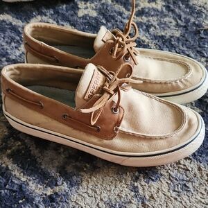 Sperry Tan Canvas Boat Shoes with Moccasin Toe and Rawhide Laces